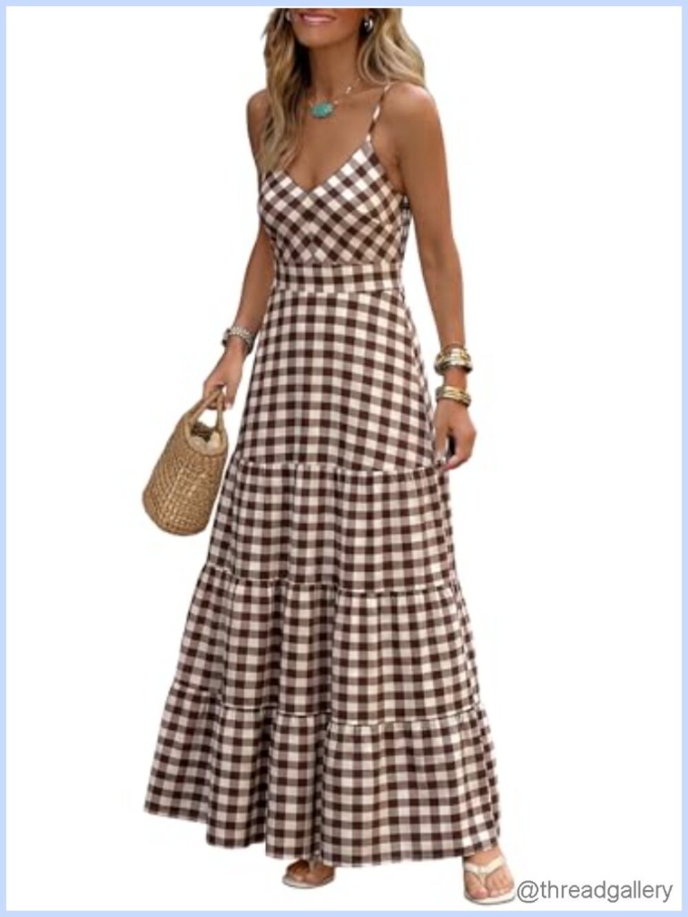 Spaghetti Strap Gingham Striped Maxi Dress Smocked Back Flowy Vacation
